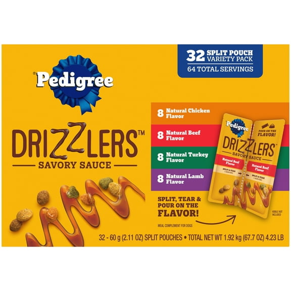 Pedigree Drizzlers Savory Sauce Multipack Wet Dog, 2.1 Oz Twin Pouches, 32-Pack