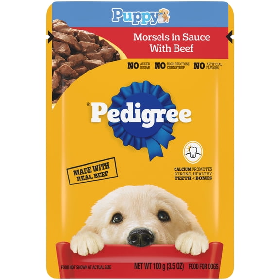 Pedigree Puppy Food Morsels in Sauce, Wet Dog Food Pouches, Beef Flavor, 3.5 oz. Pouches