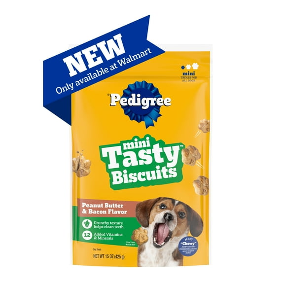 Pedigree Mini Tasty Biscuits Peanut Butter & Bacon Flavor Dog Treats, 15oz Bag