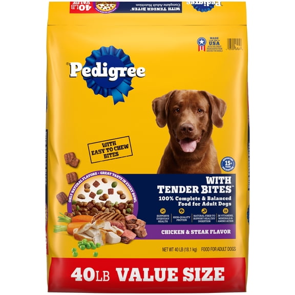 Pedigree With Tender Bites Complete Nutrition Adult, Chicken & Steak Flavor Dry Dog Food, 40 lb Bag