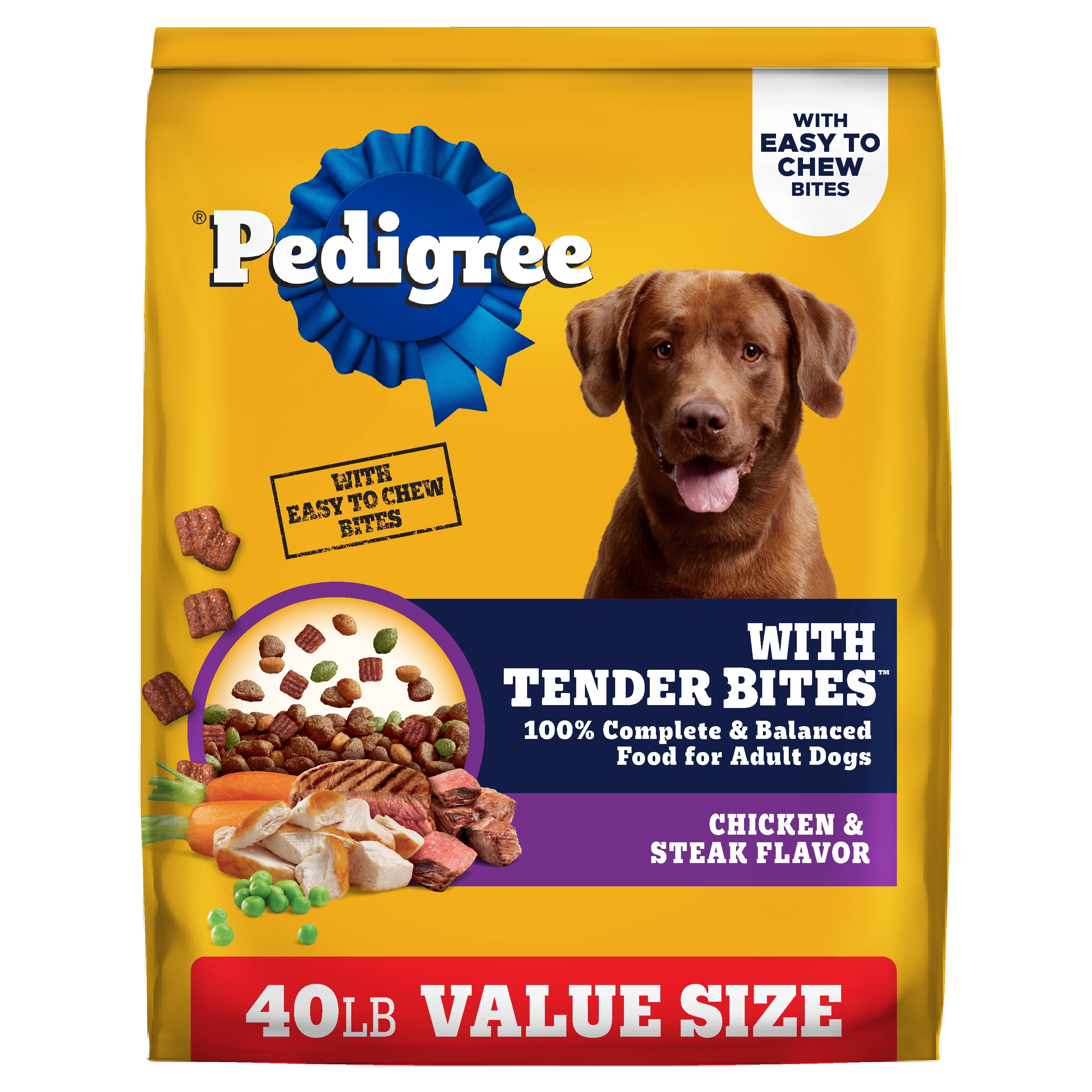 Pedigree With Tender Bites Complete Nutrition Adult, Chicken & Steak Flavor Dry Dog Food, 40 lb Bag