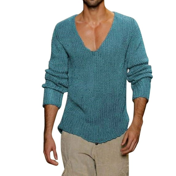 Pedort Men Oversized Sweaters Solid Color Pullover Jumper Tops Blue,M
