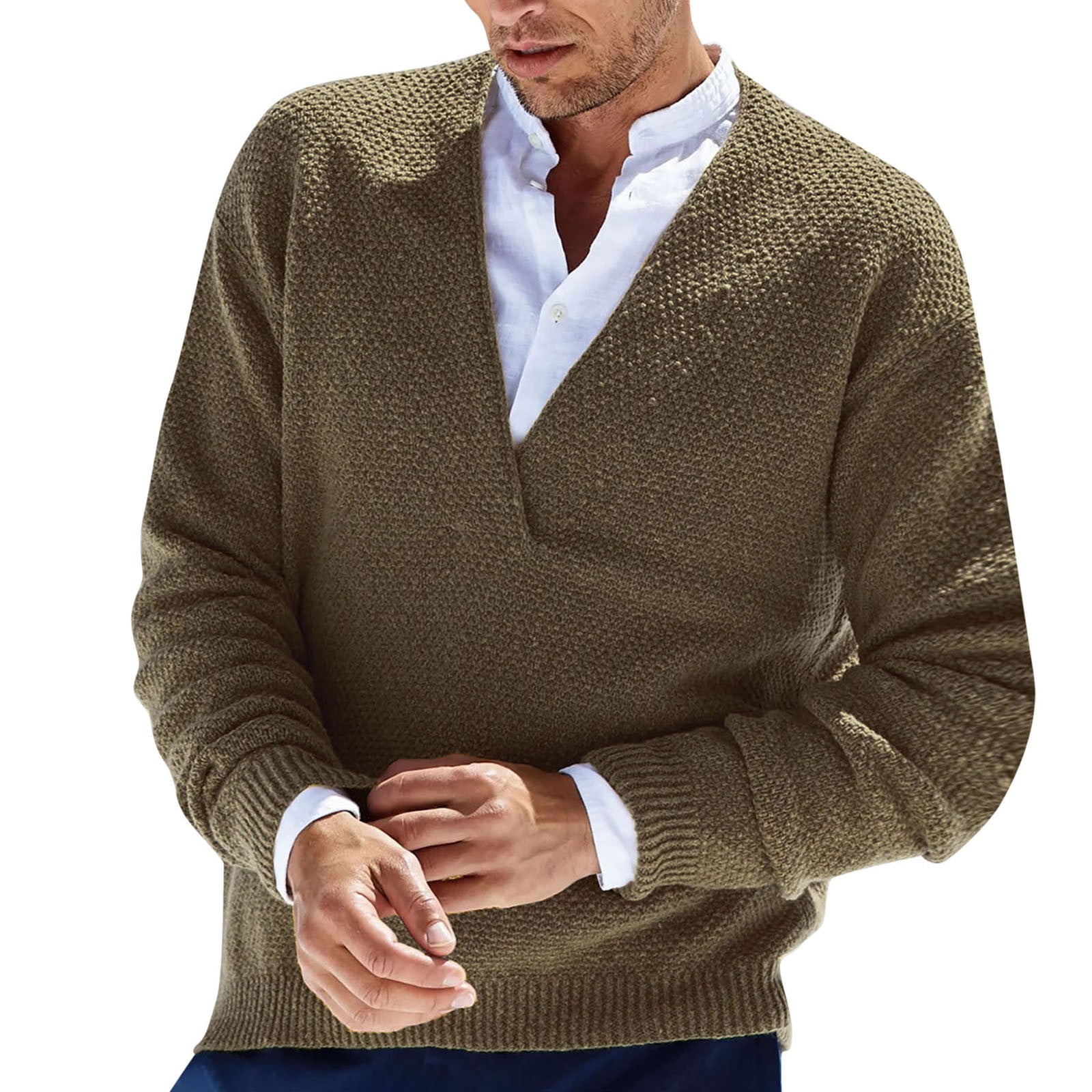 Pedort Men's Waffle Knit V Neck Sweater Casual Long Sleeve Knit Pullover  Jumper Tops Blouse Dark Blue,S 