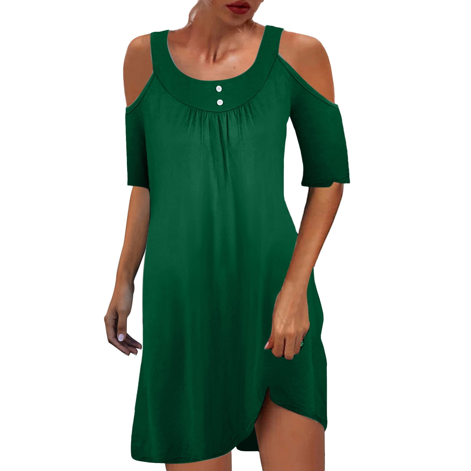 Pedort Sports Short Sleeve Cute Neck Flowy Dress Green,S