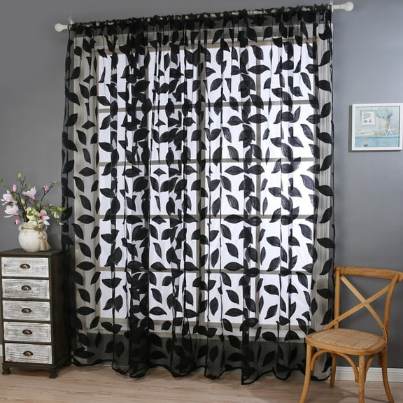 Pedty 2pcs Leaf Tulle Door Window Curtain Drape Panel Sheer Scarf Valances Curtain Black