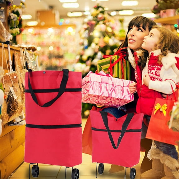 Pedty Home Textile Storage Shopping Tote Protable Shopping Trolley Bag with Wheels Foldable Cart Rolling Grocery Handbag (Red)
