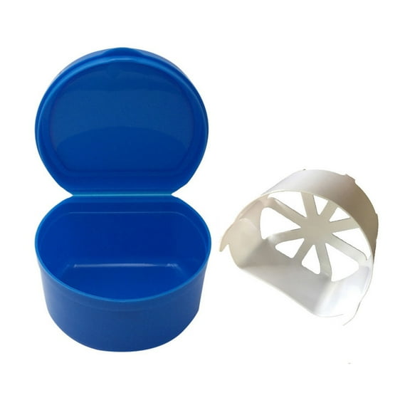 Pedty Internal Mesh Denture Case,Deep Blue Holder,Denture Bath Box Case Dental False Teeth Storage Box with Hanging Net Container,Dental Box,1Pc Denture Box