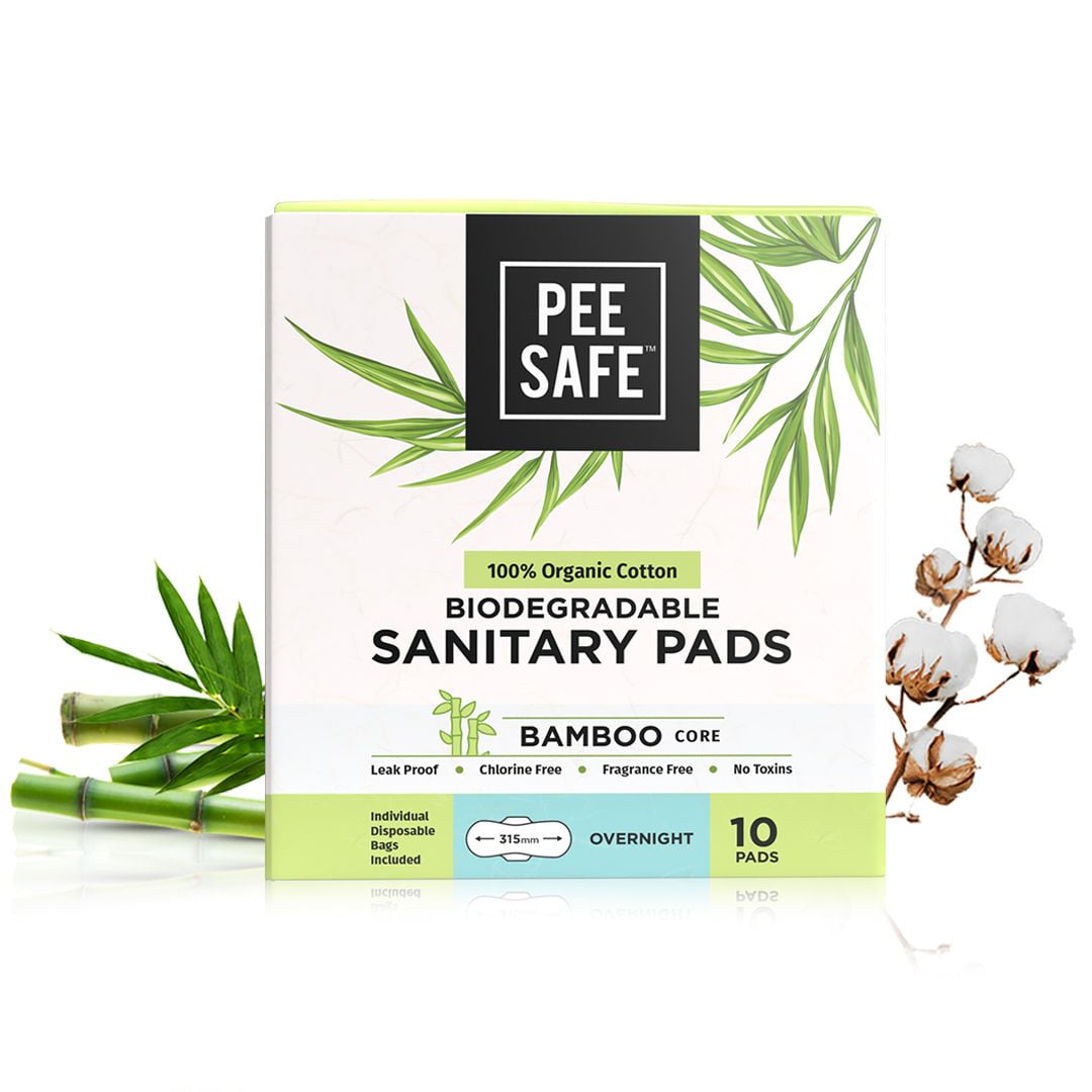 Pee Safe Biodegradable Sanitary Pads - Overnight (Pack of 10) | 100%  Organic Cotton & Bamboo Pulp | Organic Sanitary Pads | Cotton Sanitary Pads  