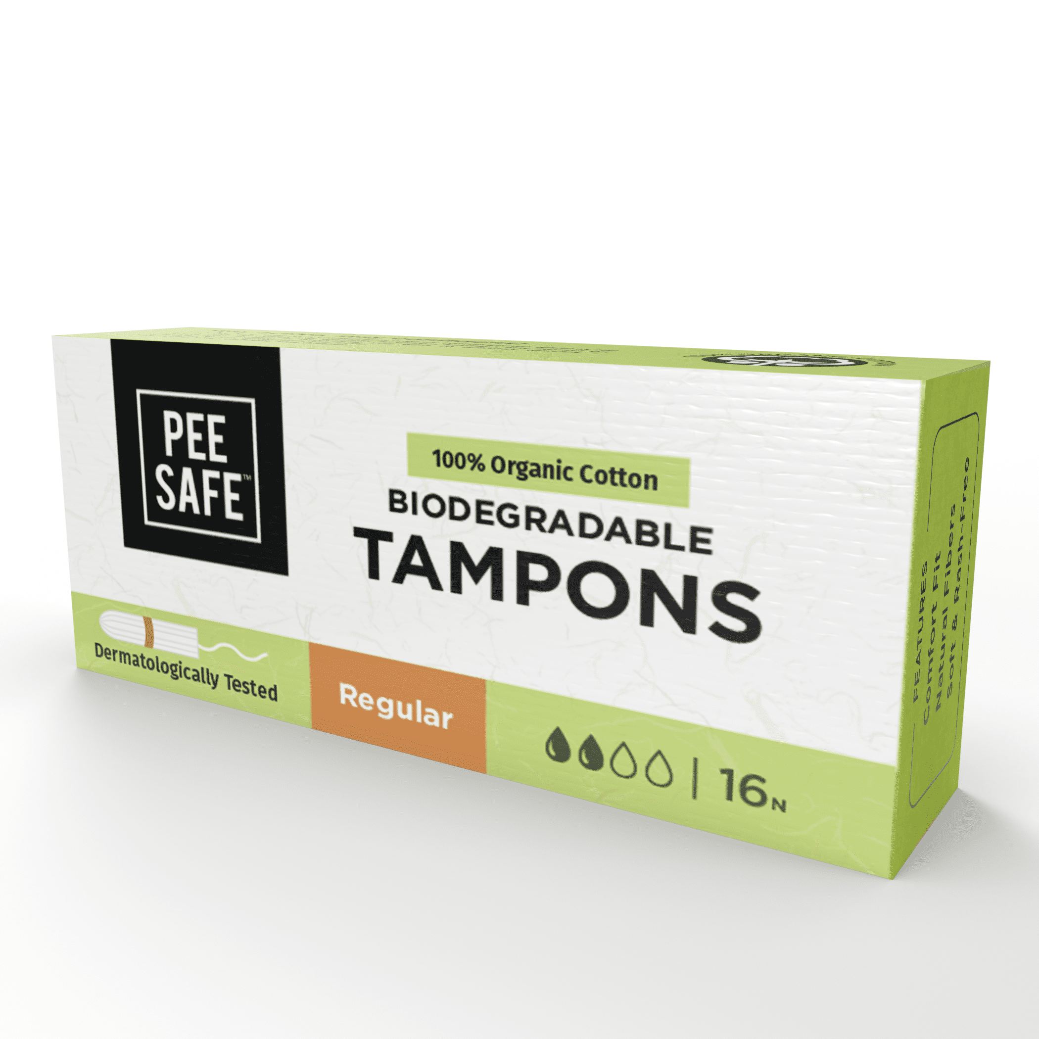 Pee Safe 100 Organic Cotton Tampon, Regular Absorbency, Non Applicator
