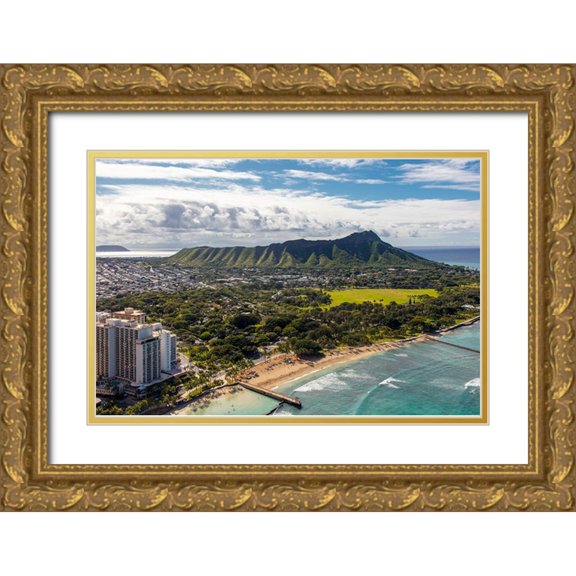 Peebles, Douglas 32x23 Gold Ornate Wood Framed with Double Matting Museum Art Print Titled - Waikiki-Honolulu-Oahu-Hawaii