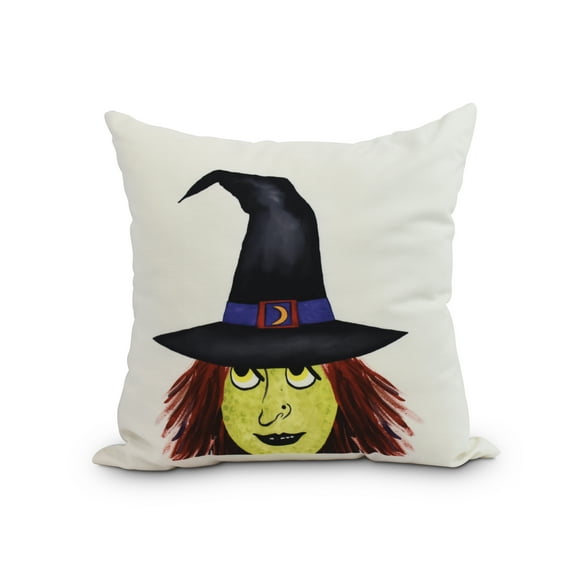 Peek A Boo Witch 20 Inch Cream Halloween Print Decorative Throw Pillow