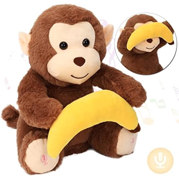 Peek A Boo Monkey with Banana Interactive Repeats What You Say Plush Toy Musical Singing Talking Stuffed Animal Adorable Electric Animate Birthday Festival, Brown, 11''