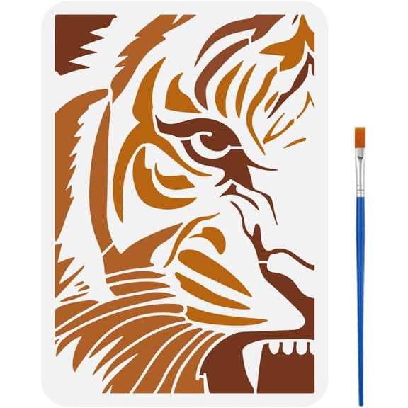 Peek at Tiger Stencil with a Paint Brush 11.7x8.3Inch Abstract Tiger Face Painting Stencil Reusable PET Animal Themes Decoration Template for Painting on Wood Wall Floor Furniture White