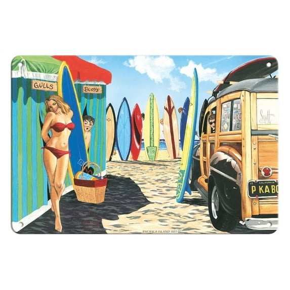 Peek-a-Boo - Retro Woodie with Surfboards and Pin-up Girl - From an Original Color Painting by Scott Westmoreland - 8 x 12 inch Vintage Metal Tin Sign