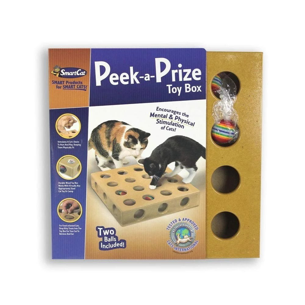Natural Wood Peek-a-Prize Cat Toy Box with Toys