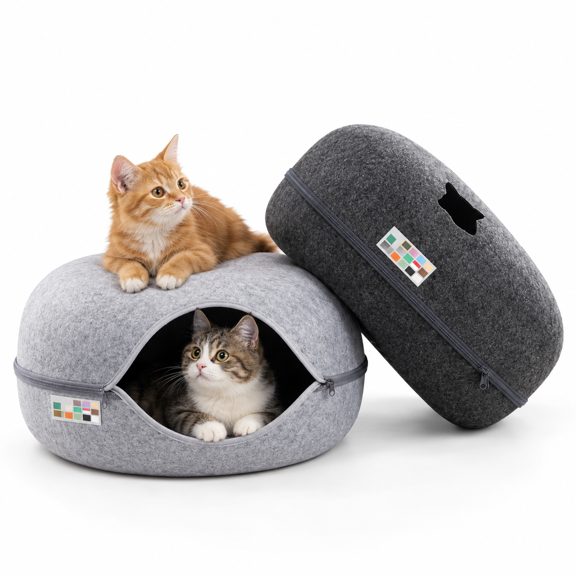 Peekaboo Cat Cave Donut Bed, Light Gray + Dark Gray, Large, Fits Cats Up To 45 Lbs