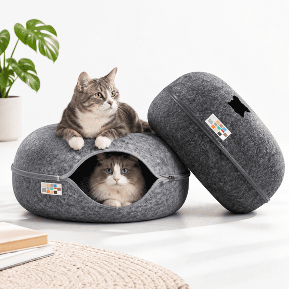 Peekaboo Cat Cave Donut Bed for Large & Multiple Cats, Light Gray ...