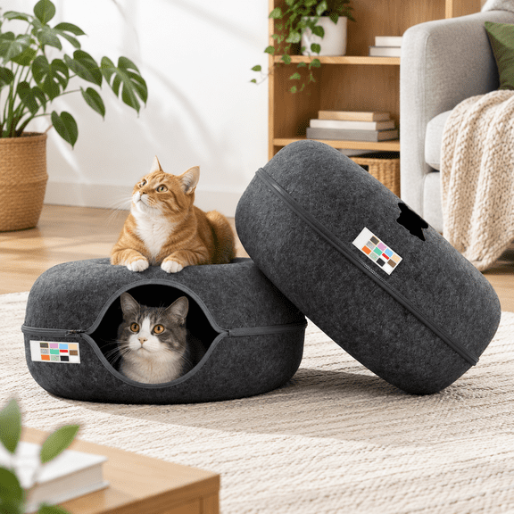 Peekaboo Cat Cave Donut Bed for Multiple & Large Cats, Dark Gray + Dark Gray, Large