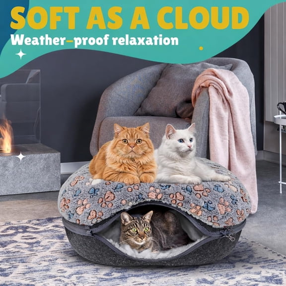 Peekaboo Cat Cave Donut for Multiple & Large Cats Up to 30-45 lb, 3-in-1 Self Warming Cat Bed Tunnel with 2 Soft Fluffy Fleece Pet Blankets, Scratch, Detachable & Washable (Dark Gray, Large)