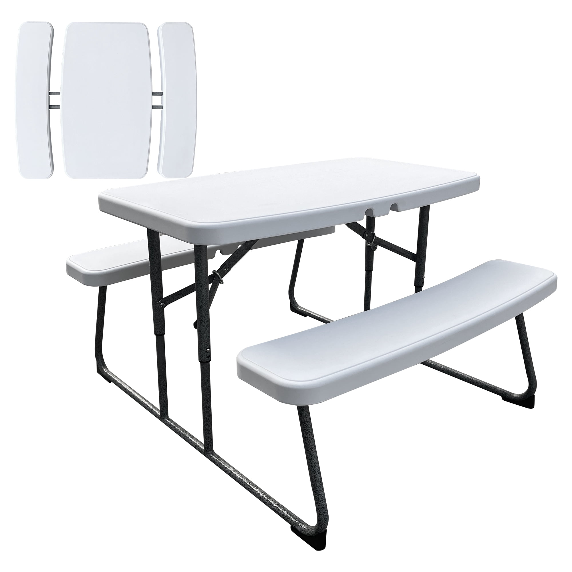 Peekabu Kids Folding Picnic Table, Outdoor Picnic Table with 2 Benches, Steel Frame, Folding Patio Table, HDPE Tabletop for Barbecue,Travel, Yard, Party, White