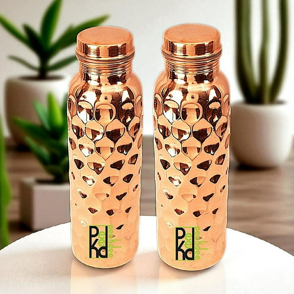 Peekdee 100% Pure Copper Diamond Designed Water Bottle Ayurvedic Health Benefits Drinking Bottle Set of 2 1000ml