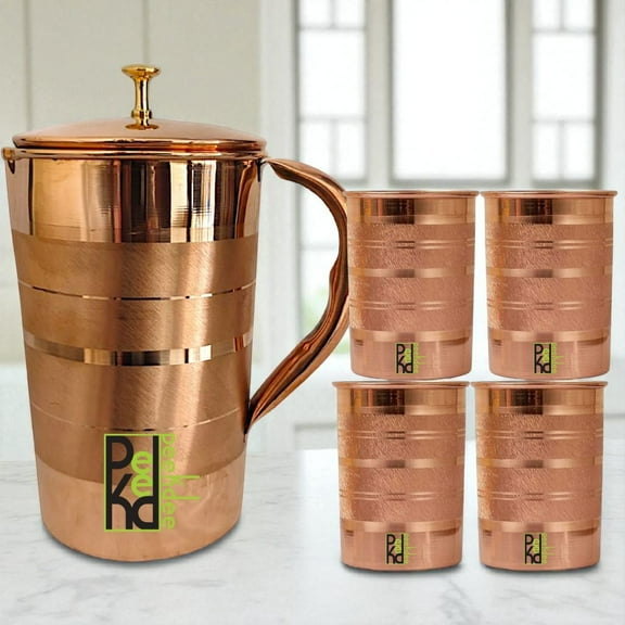 Peekdee 1500 ML Copper Water Jug with Silver Touch Finish Ayurvedic Pitcher with Brass Knob And 4 Tumbler