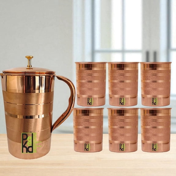 Peekdee 1500 ML Copper Water Jug with Silver Touch Finish Ayurvedic Pitcher with Brass Knob And 6 Tumbler