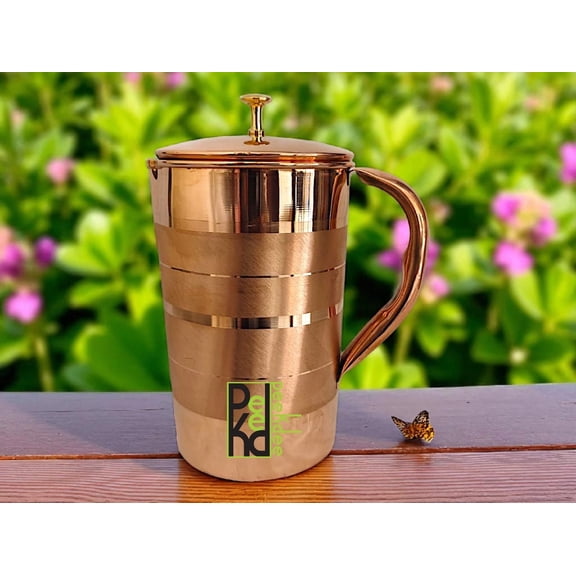 Peekdee 1500 ML Copper Water Jug with Silver Touch Finish Ayurvedic Pitcher with Brass Knob