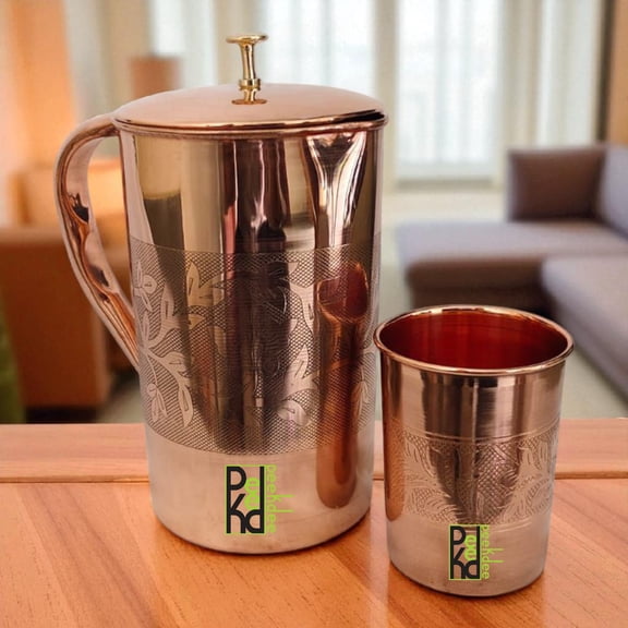Peekdee Copper Embossed Designed Nob Jug with 1 Tumbler Health And Yoga Benefits Set
