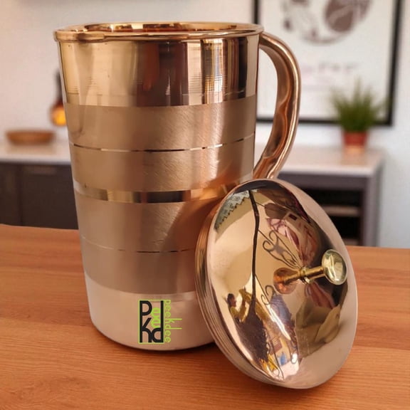 Peekdee Copper Pitcher Silver Touch Designed Handcrafted Nob Jug Water Storage Yoga Benefits Jug