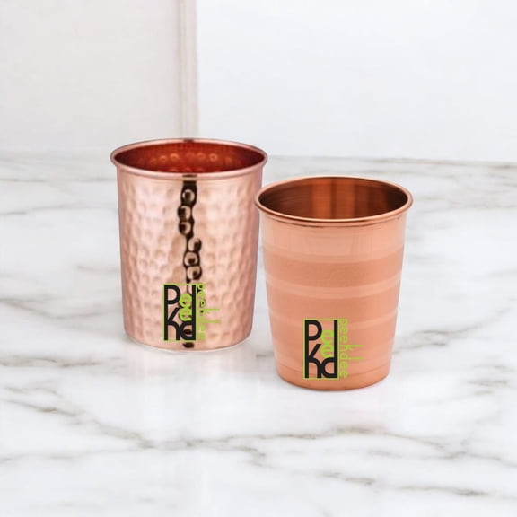 Peekdee Copper Tumbler Set of 2 – 300 ml (10.14 oz) | 1 Hammered & 1 Silver Touch | Pure Copper Ayurvedic Drinking Water Glasses
