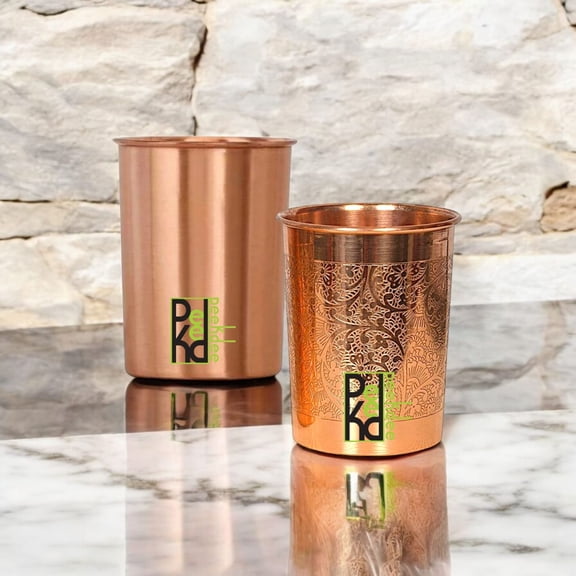 Peekdee Copper Tumbler Set of 2 – 300 ml (10.14 oz) | 1 Plain & 1 Emboss | Pure Copper Ayurvedic Drinking Water Glasses