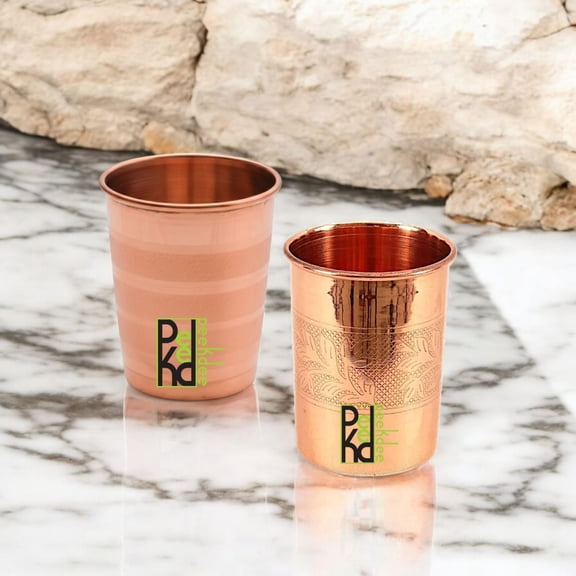 Peekdee Copper Tumbler Set of 2 – 300 ml (10.14 oz) | 1 Silver Touch & 1 Floral | Pure Copper Ayurvedic Drinking Water Glasses