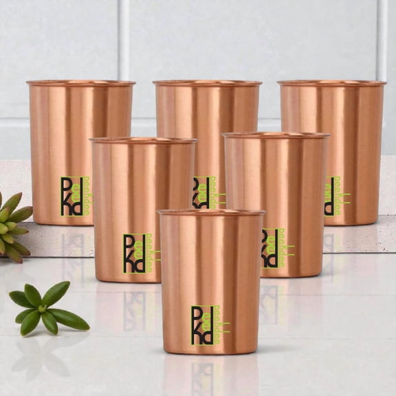 Peekdee Copper Tumbler Set of 6 – 300 ml (10.14 oz) | Pure Copper Ayurvedic Water Glasses | Plain Design Drinking Tumblers
