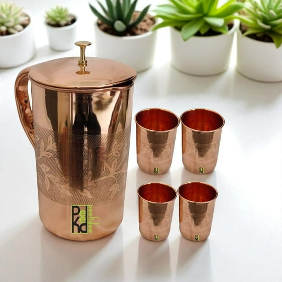Peekdee Copper Water Storage Pitcher Embossed Design 1500 ML For Ayurvedic Health & Daily Use 4 Tumbler Set 300 ML