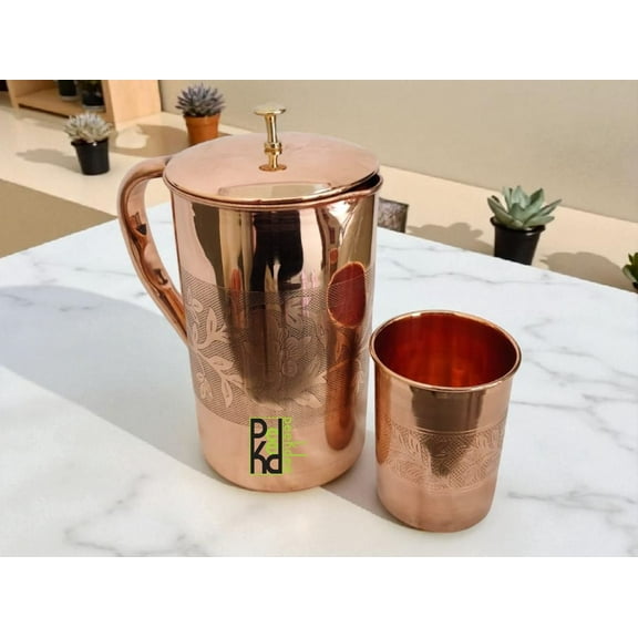 Peekdee Embossed Design Copper Water Pitcher 1500 ML For Ayurvedic Health Benefits 1 Tumbler Set 300 ML