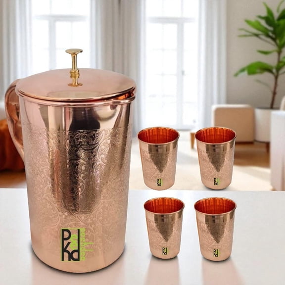 Peekdee Embossed Pure Copper Picther 1500 ML With Brass Nob Water Storage For Home, Hotel,And 4 Tumbler 300 ML