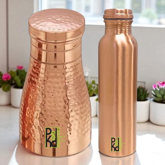 Peekdee Pure Copper 100OML Bedroom Bottle With Handcrafted 1 L Plain Drinking Water Bottle Set of 2