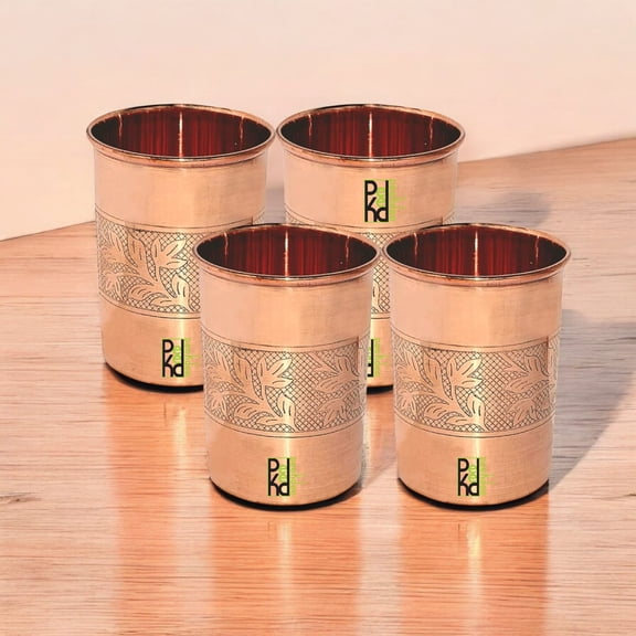 Peekdee Pure Copper Drinking Embossed Glass Set of 4 Handcrafted Yoga Benefits 300 ml Water Tumbler For Gifting