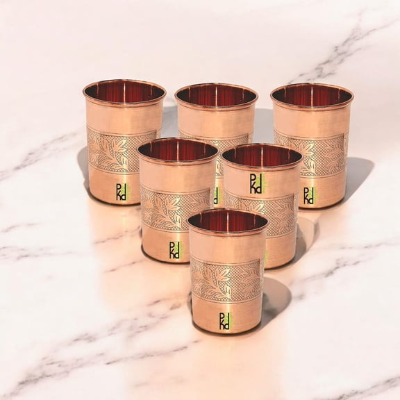Peekdee Pure Copper Drinking Embossed Glass Set of 6 Handcrafted Yoga Benefits 300 ml Water Tumbler For Gifting