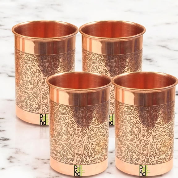 Peekdee Pure Copper Drinking Flower Glass Set of 4 Handcrafted Yoga Benefits 300 ml Water Tumbler For Gifting