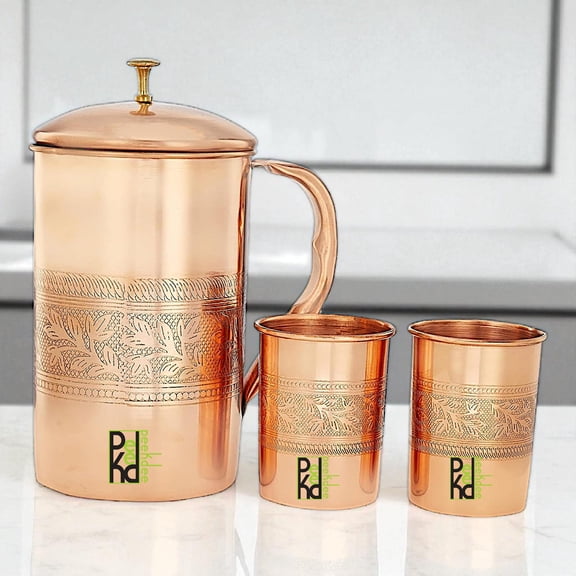 Peekdee Pure Copper Embossed Nob Jug 1.5 Liter with 2 300 ml Tumbler Health Benefits For Gifting Set