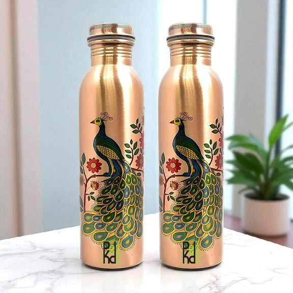 Peekdee Pure Copper Peacock Design Water Bottle (1000ml) Leak-Proof Drinking Bottle Ayurveda Benefit Set of 2
