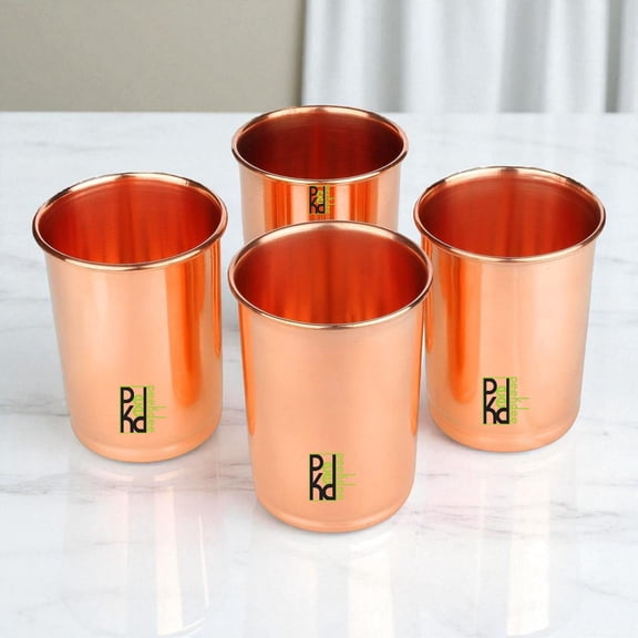 Peekdee Pure Copper Plain 300 ml Handrafted Solid Designed Tumbler Yoga Health Benefits Set of 4