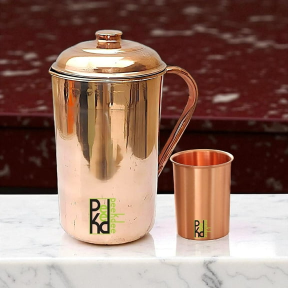Peekdee Pure Copper Plain Jug 1500 ml (1.5 liter) With 1 Tumbler Handcrafted Ayurveda Health Benefits Set For Gifting