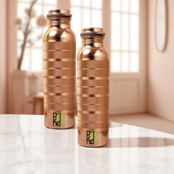 Peekdee Pure Copper Water Bottle Silver Touch Handmade For Health Benefits 1000ml Set of 2