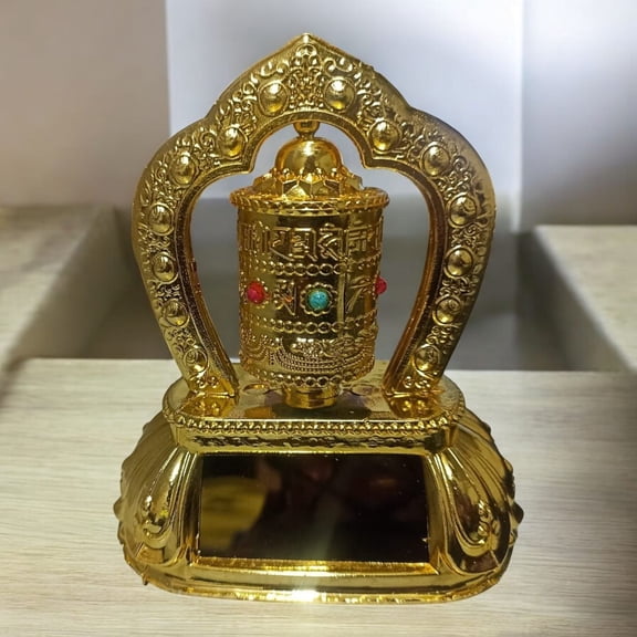 Peekdee Tibetan Buddhist Prayer Wheel Solar Energy Fengshui Vaastu Wheel Ornament for Decorative Car Dashboard-11 cm