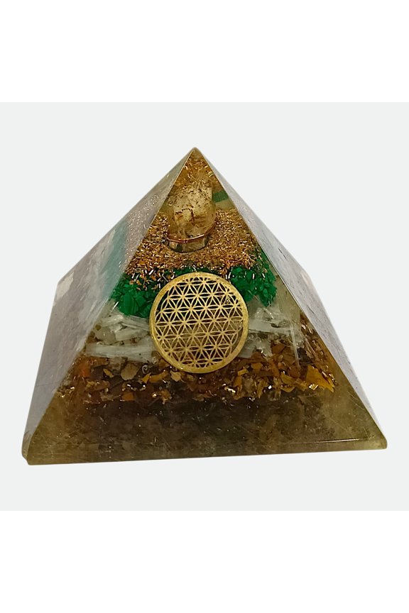 Tiger Eye, Selenite and Malachite Crystal Pyramid Healing Energy Gemstone Orgone Pyramid 60-70 mm Flower Of Life Pyramids