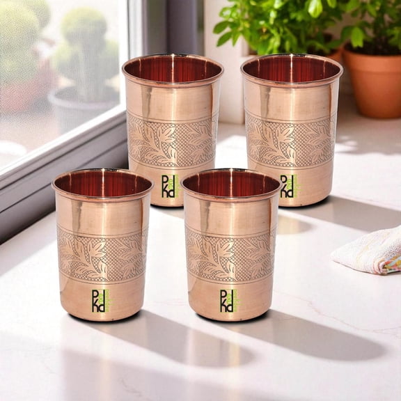 Peekee Pure Copper 300 ml Tumbler Handcrafted Flower Designed Glass Drinking and Serving set of 4