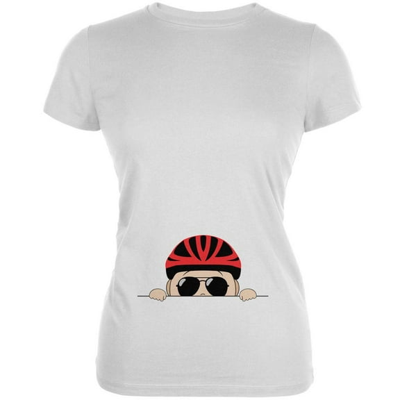 Peeking Baby Bike Helmet Sunglasses White Juniors Soft T-Shirt - Large
